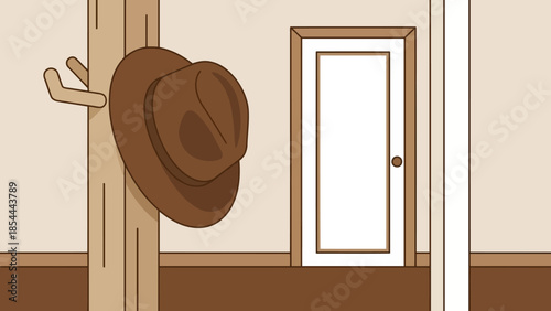 Brown Hat Hanging on Wooden Door Frame In Hallway.