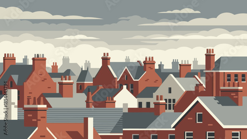 Row of Red Brick Rooftops in a Quiet Town.