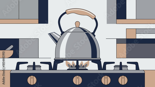 Stainless kettle on gas stove in modern kitchen.