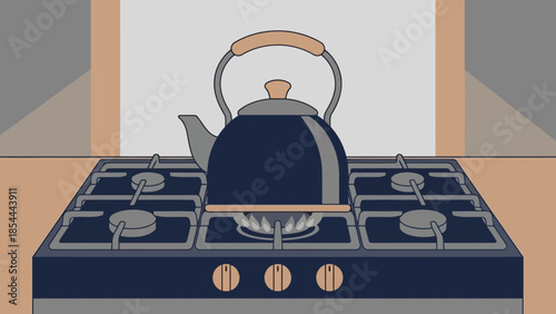 Kettle on a gas stove in a kitchen.