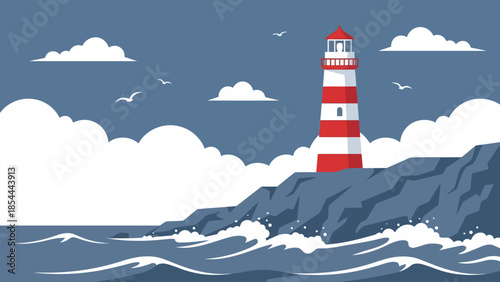 Lighthouse on rocky coast overlooking ocean.