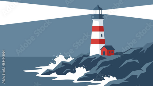 Lighthouse Standing On Rocky Coast With Waves.