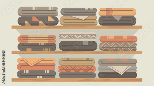 Stacked folded clothes arranged on shelves.