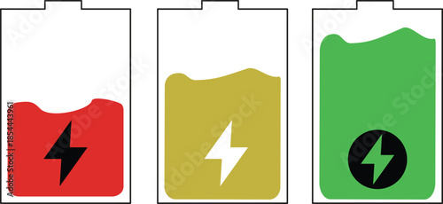 set of vertical battery icons with fluid wave levels and lightning bolt symbols showing charge status