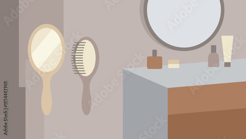 Vanity mirror with grooming tools on bathroom counter.