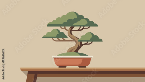 Miniature Bonsai Tree in Pot on Wooden Table.