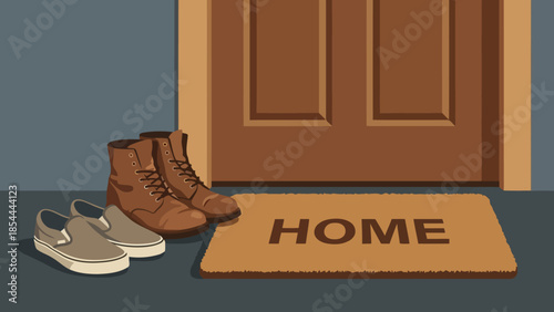Pair of shoes by door on home entryway doormat.