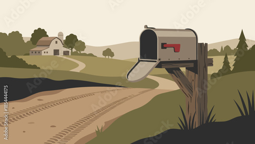 Rustic Mailbox on Post Beside Country Road.