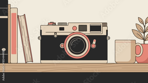Vintage Camera On Shelf With Books And Mug.