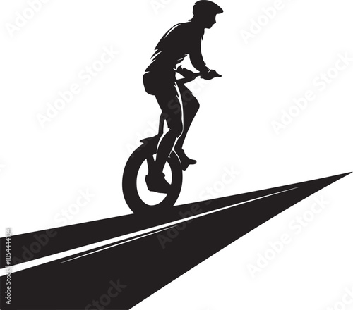 Clean silhouette of a rider standing upright on a single-wheel electric unicycle vector art illustration