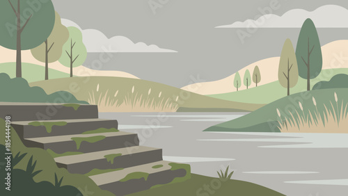 Tranquil river beside terraced steps and trees.