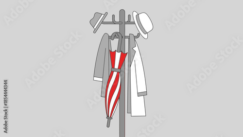 Clothes on a Vintage Coat Rack in Minimal Studio.