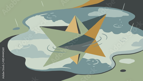 Origami Boat on Water with Geometric Star Shapes.