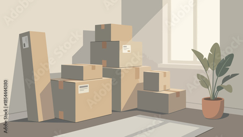 Stacked cardboard boxes in a sunlit room.