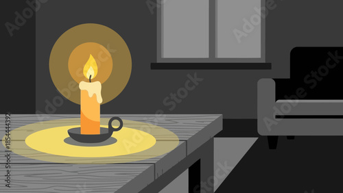 Lit candle on table in dim room.