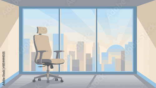 Ergonomic Office Chair at Modern Desk in City Office.