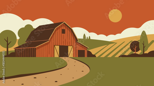 Sunny Red Barn on Rustic Farm Landscape.