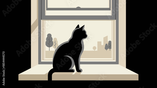 Black Cat Silhouette Sitting by Window Frame.
