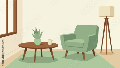 Green Armchair in Modern Minimal Living Room.