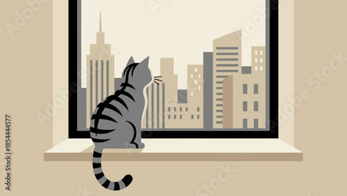 Curious Cat Gazing Out Window at City Skyline.