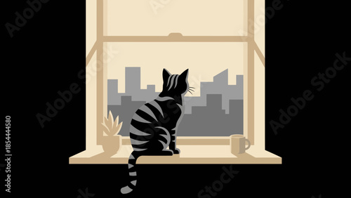 Curious Cat Gazing at Distant City Skyline Window.