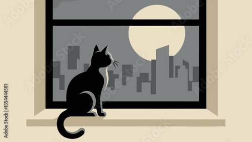 Black Cat Sitting on Window Sill at Night.