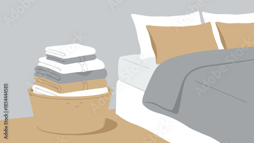 Comfy Bed With Stacked Books on Nightstand.