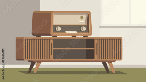 Vintage Radio Resting on Wooden Console in Room.