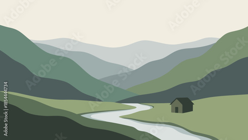 Small rustic house nestled in valley landscape.