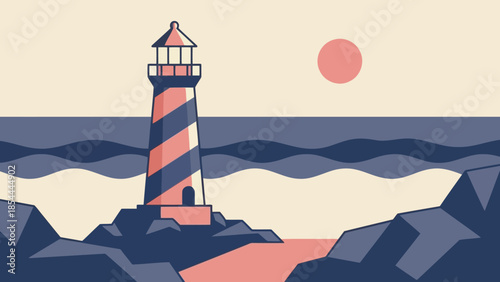Striking striped lighthouse on rocky coast at sunset.
