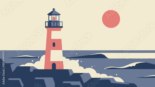Red Lighthouse Standing On Rocky Shore At Sunset.