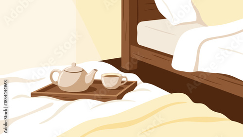 Teapot and cups on bed side tray.