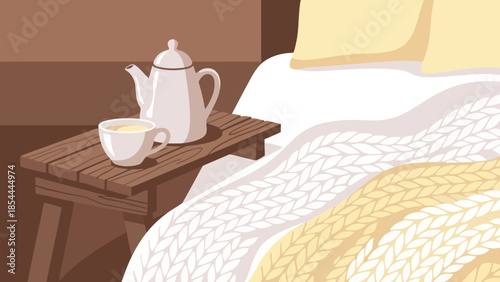 Teapot and Cup on Wooden Bedside Table.