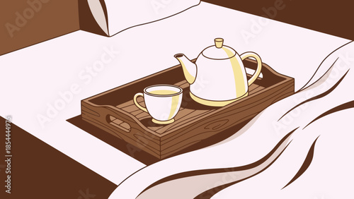 Tea Set On Tray Resting Beside Bed.