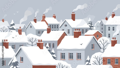 Snow Covered Village Houses in Winter Scene.