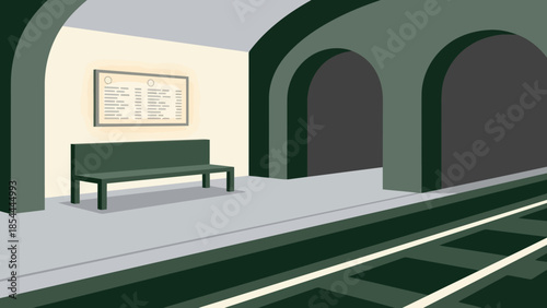 Train station platform with bench and arches.