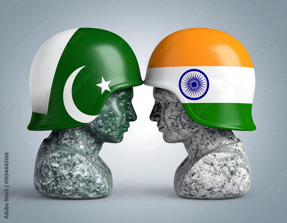 Obraz premium Two sculptures, representing opposing nations, face each other. Each wears a helmet denoting their national flag and symbolic of conflict