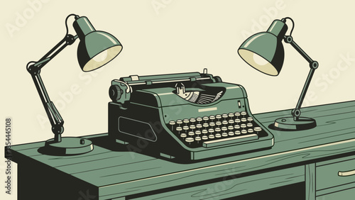 Vintage Typewriter On Desk Lamp Scene.
