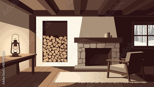 Cozy Fireplace with Stacked Wood in Rustic Room.