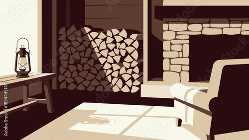 Cozy fireplace interior with woodpile in living room.