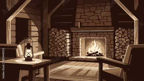 Cozy Stone Fireplace In Rustic Living Room Ambience.