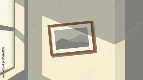 Framed wall hanging landscape photo indoors.