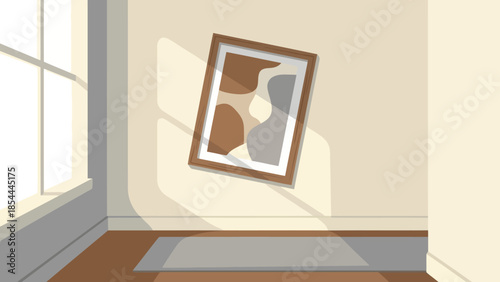 Framed Abstract Artwork Hanging on Light Wall.