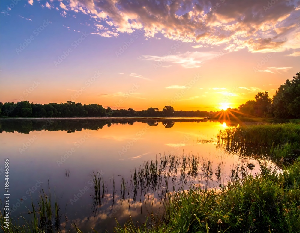 Obraz premium Serene sunrise casting golden light over tranquil lake and shore