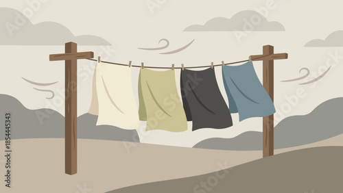 Colorful Clothes Drying on Outdoor Clothesline.