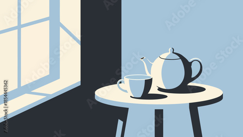White teapot and cup on round table indoors.