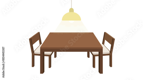 Wooden dining table with four chairs under pendant light.