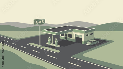 Gas Station On Remote Roadside With Green Hills In Background.