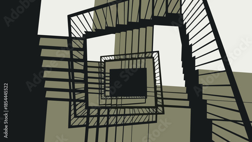 Geometric Spiral Staircase Frames in Industrial Interior.