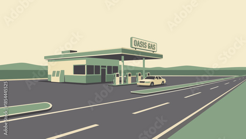 Gas Station On Wide Road With Service Bay.